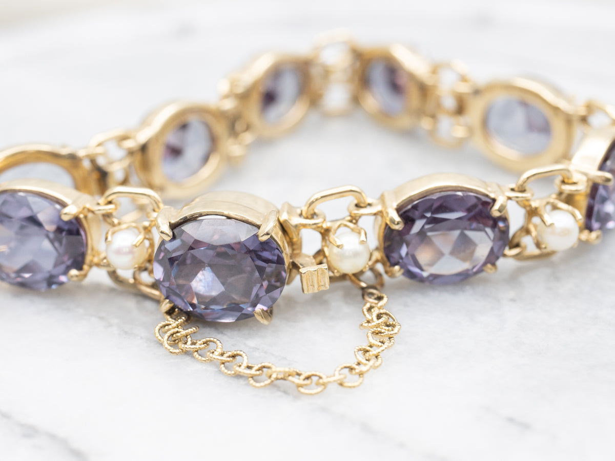 Synthetic Alexandrite and Pearl Gemstone Link Bracelet
