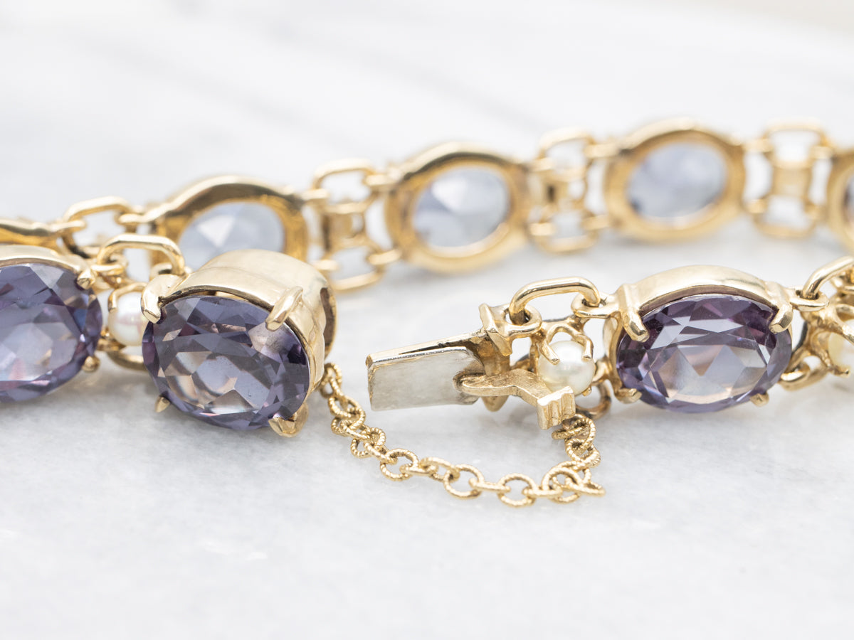 Synthetic Alexandrite and Pearl Gemstone Link Bracelet