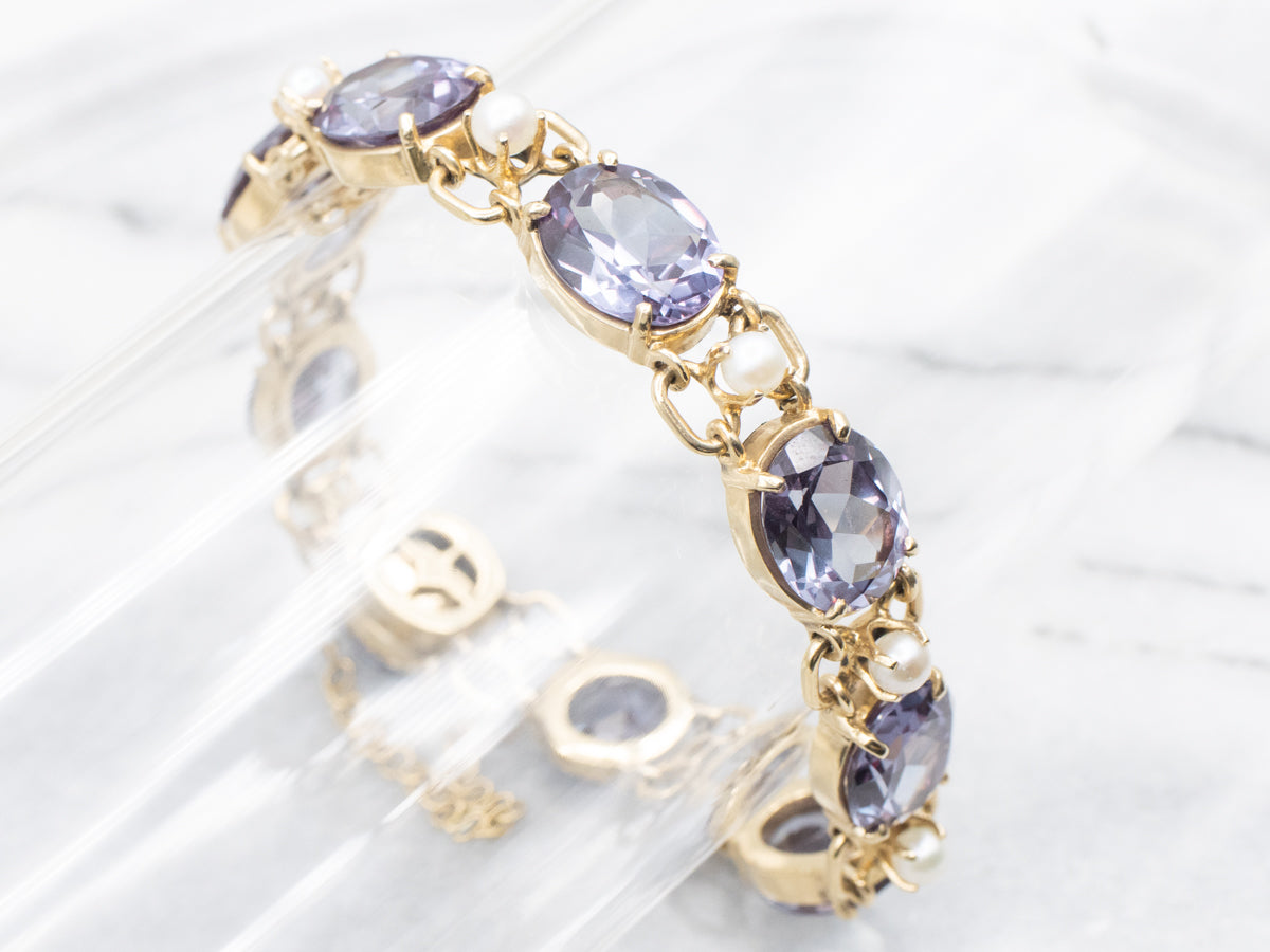 Synthetic Alexandrite and Pearl Gemstone Link Bracelet