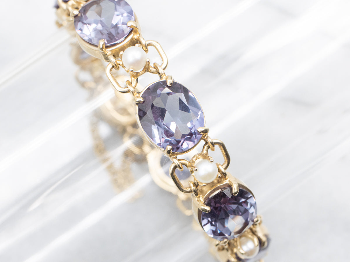 Synthetic Alexandrite and Pearl Gemstone Link Bracelet