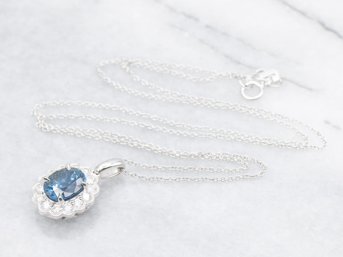 Modern Sapphire and Diamond Scalloped Halo Pendant Necklace