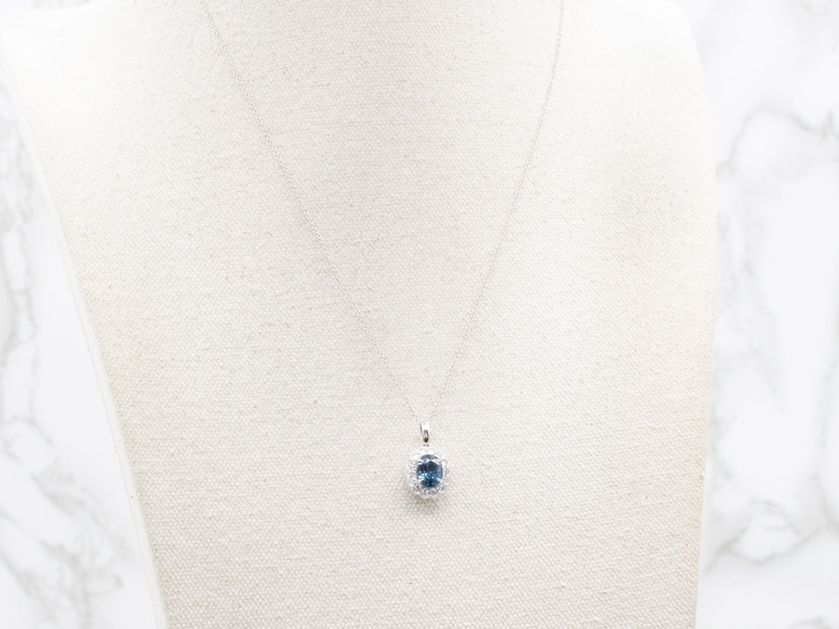 Modern Sapphire and Diamond Scalloped Halo Pendant Necklace