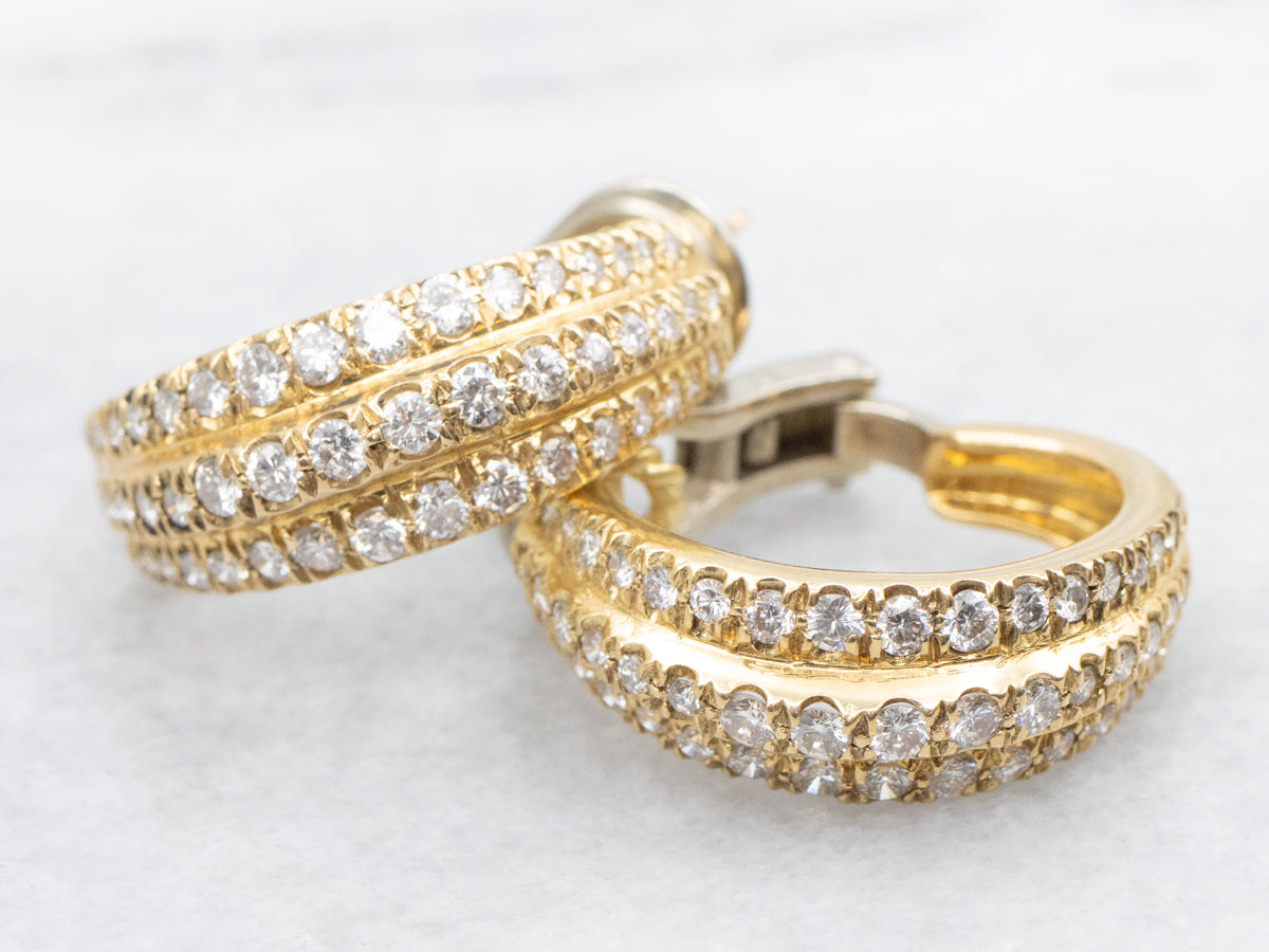 Triple Row Diamond Hoop Earrings with Omega Backs