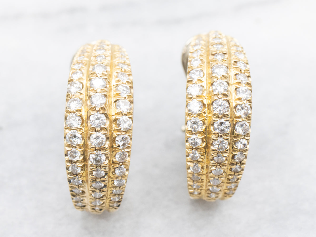 Triple Row Diamond Hoop Earrings with Omega Backs