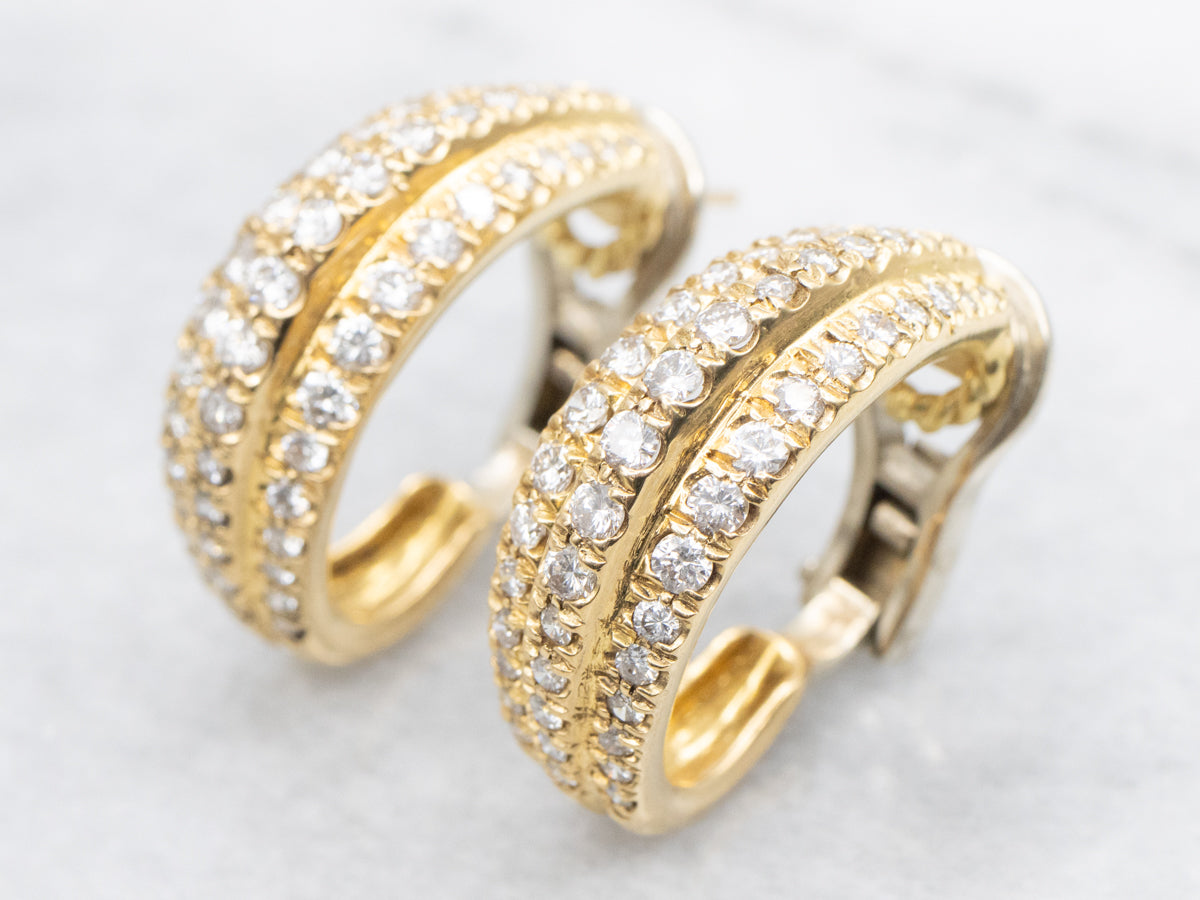Triple Row Diamond Hoop Earrings with Omega Backs