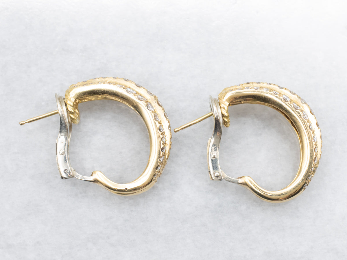 Triple Row Diamond Hoop Earrings with Omega Backs