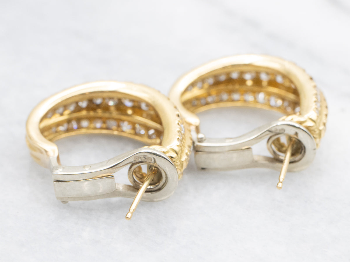 Triple Row Diamond Hoop Earrings with Omega Backs