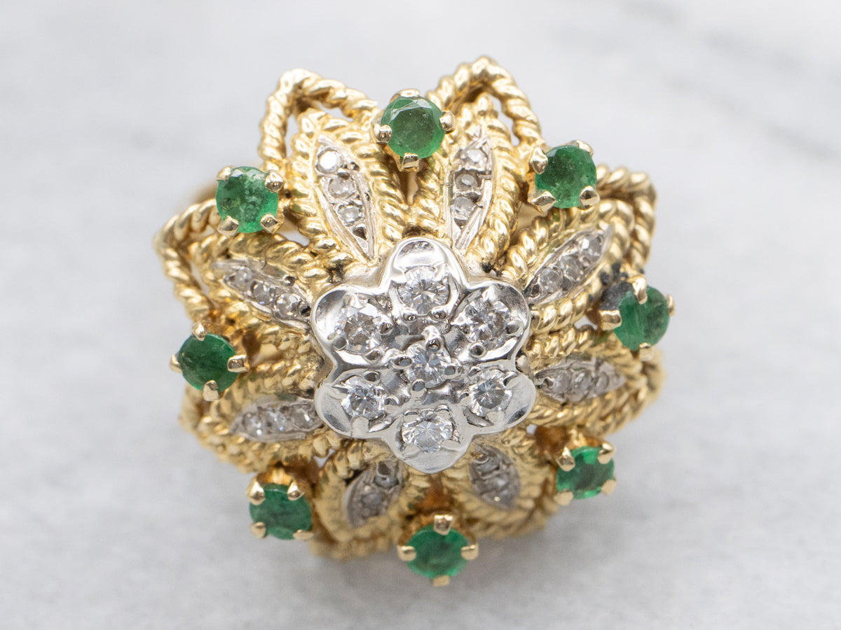 Floral Vintage Diamond and Emerald Cocktail Ring