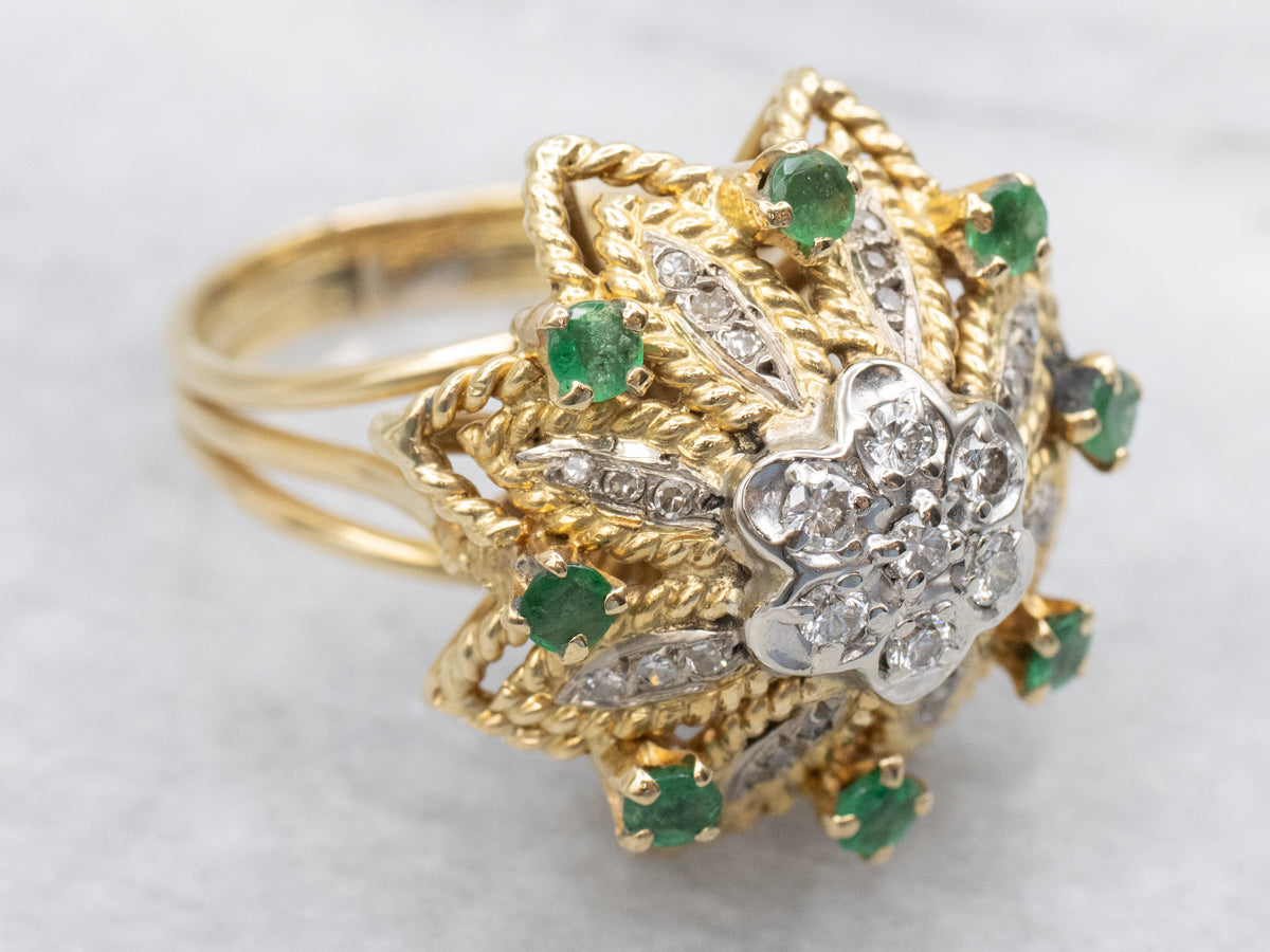 Floral Vintage Diamond and Emerald Cocktail Ring