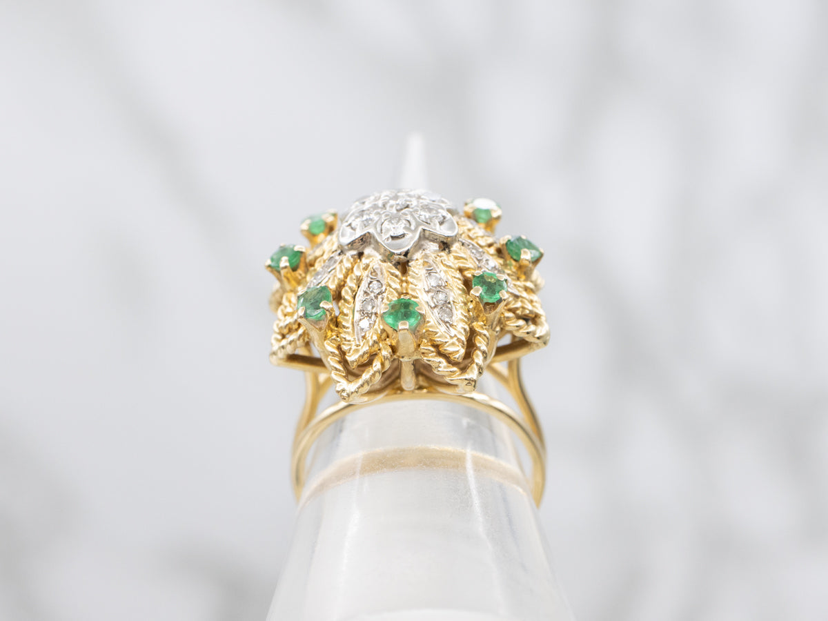 Floral Vintage Diamond and Emerald Cocktail Ring