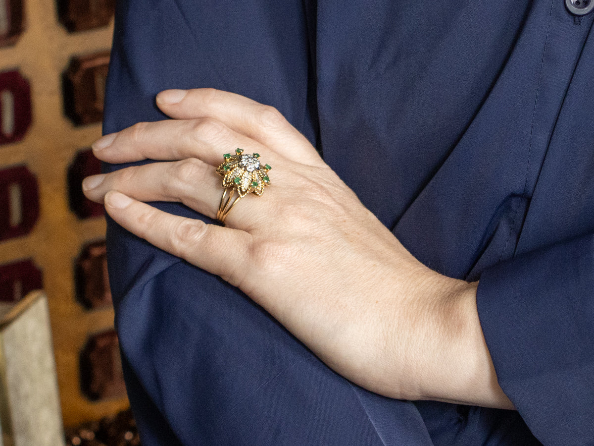 Floral Vintage Diamond and Emerald Cocktail Ring