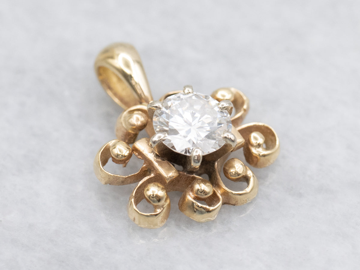Scrolling Gold Diamond Solitaire Pendant