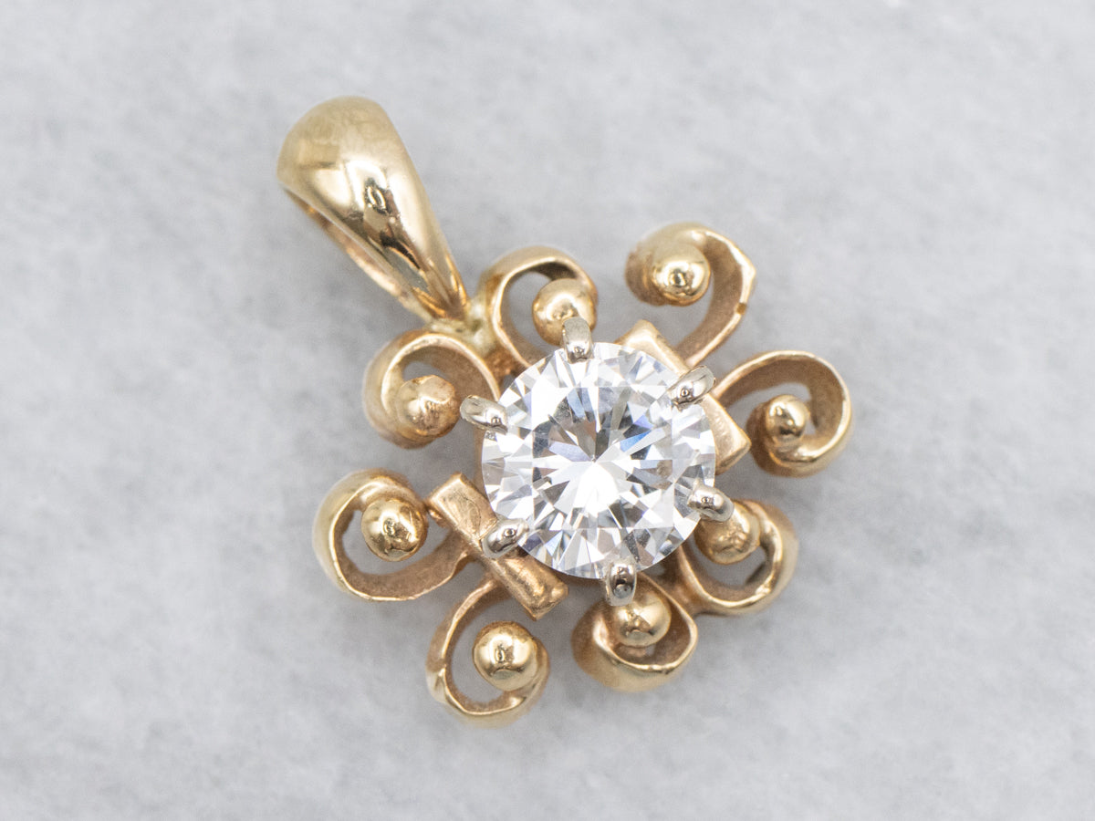 Scrolling Gold Diamond Solitaire Pendant