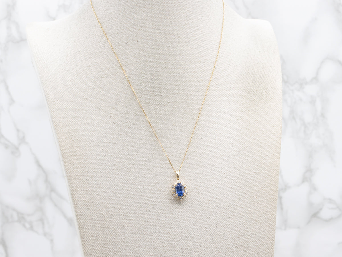Modern Sapphire and Diamond Halo Pendant on Cable Chain