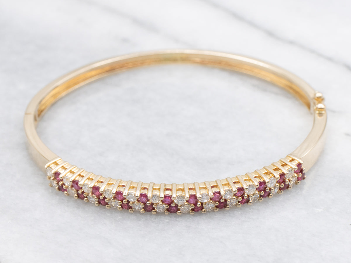 Ruby and Diamond Double Row Hinged Bangle Bracelet