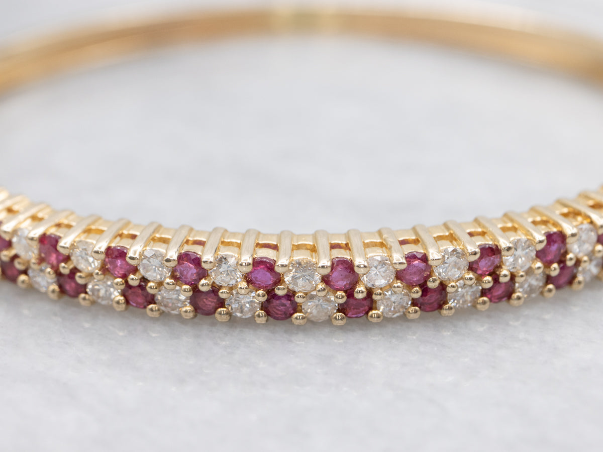 Ruby and Diamond Double Row Hinged Bangle Bracelet