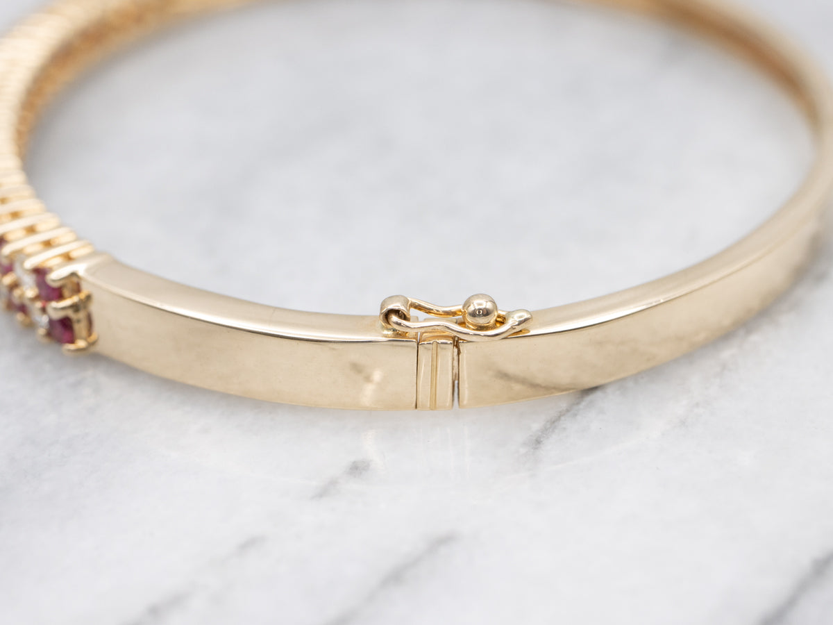 Ruby and Diamond Double Row Hinged Bangle Bracelet