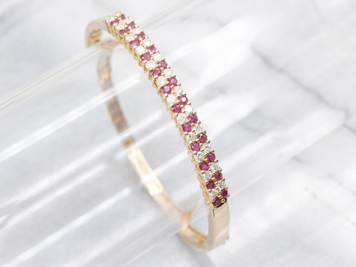 Ruby and Diamond Double Row Hinged Bangle Bracelet