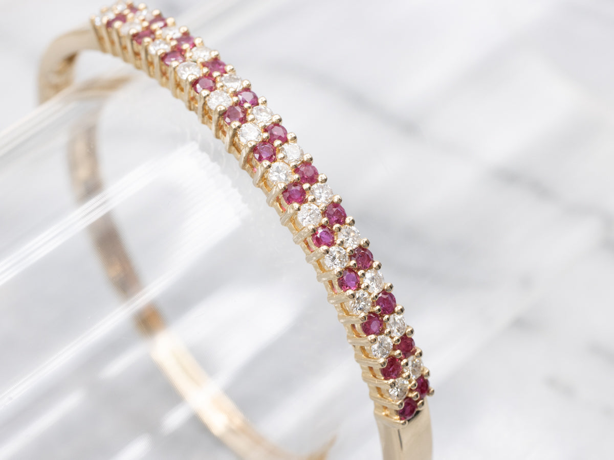 Ruby and Diamond Double Row Hinged Bangle Bracelet