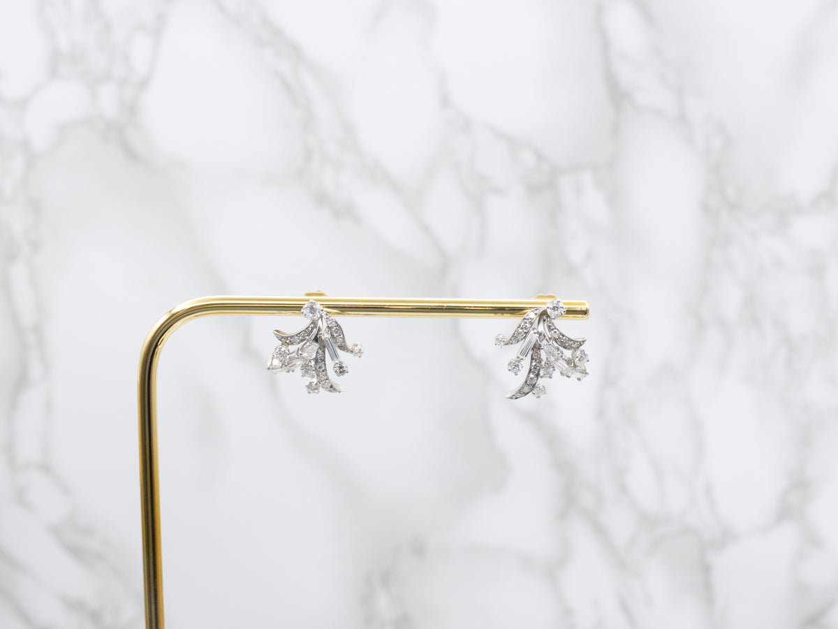 Vintage 1950s Mix-Cut Diamond Cluster Drop Earrings