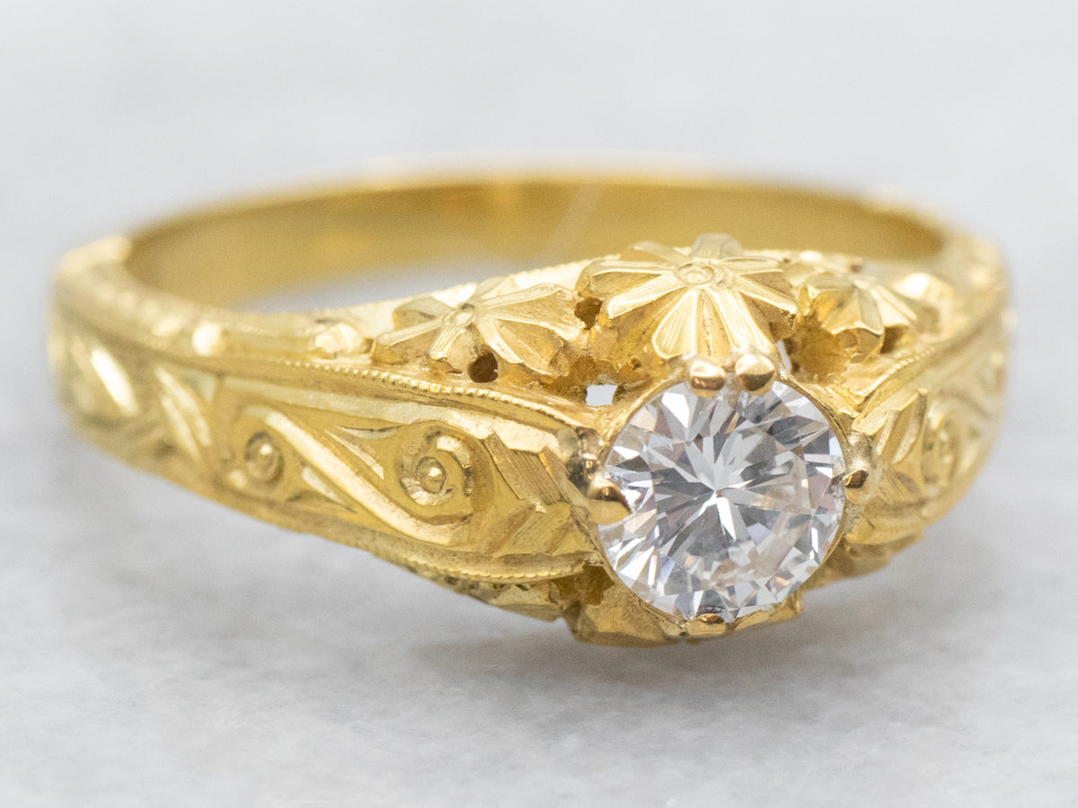 Finely Carved Diamond Solitaire Gold Engagement Ring