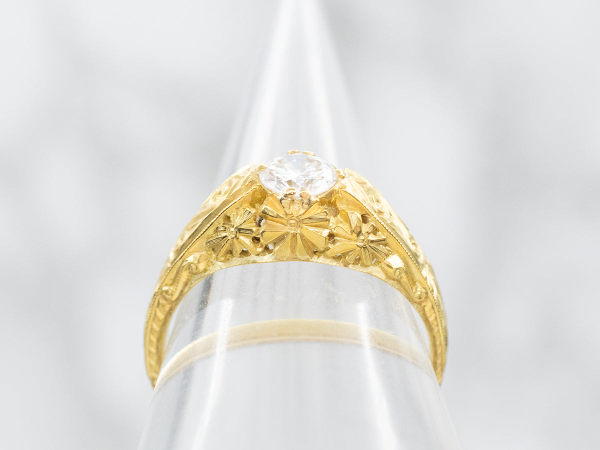 Finely Carved Diamond Solitaire Gold Engagement Ring