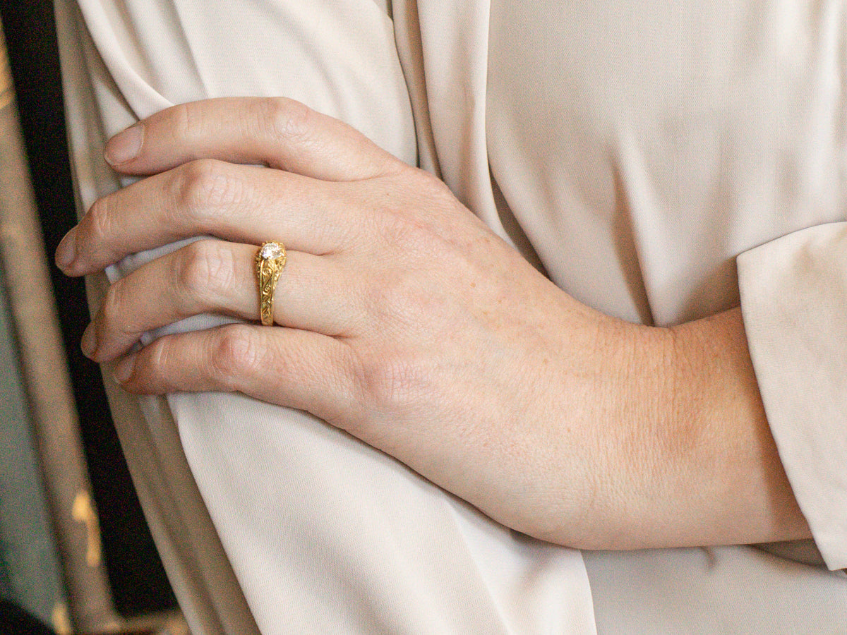 Finely Carved Diamond Solitaire Gold Engagement Ring