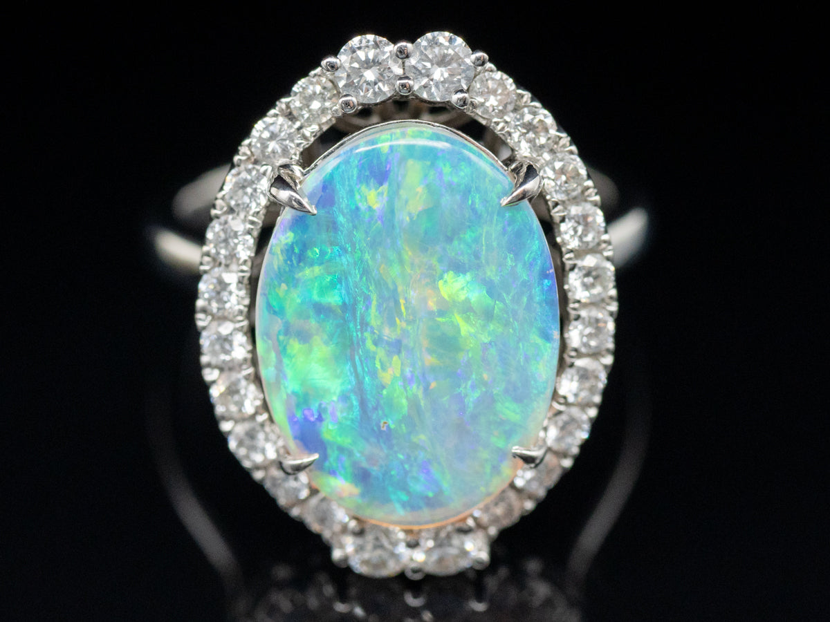White Gold Opal and Diamond Halo Cocktail Ring