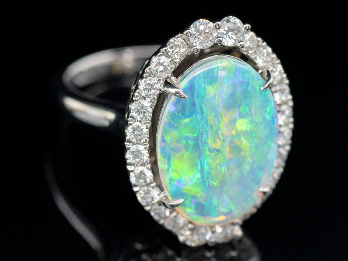 White Gold Opal and Diamond Halo Cocktail Ring