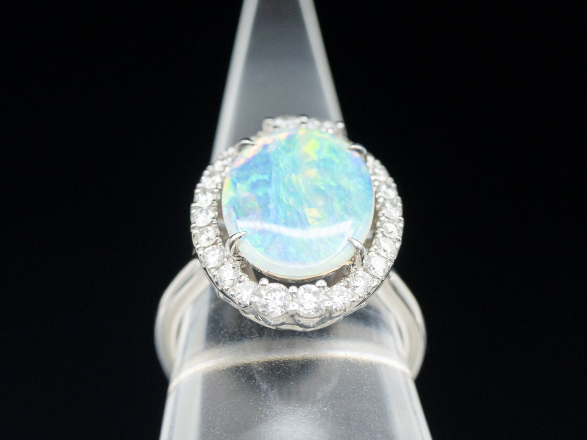 White Gold Opal and Diamond Halo Cocktail Ring