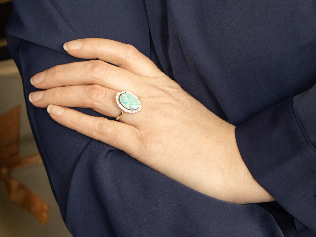 White Gold Opal and Diamond Halo Cocktail Ring
