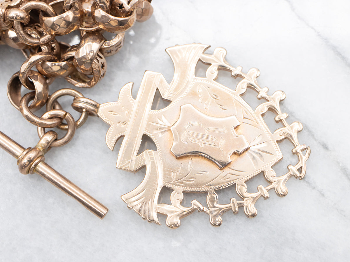 Antique Rose Gold Necklace with "R" Monogram Shield Pendant