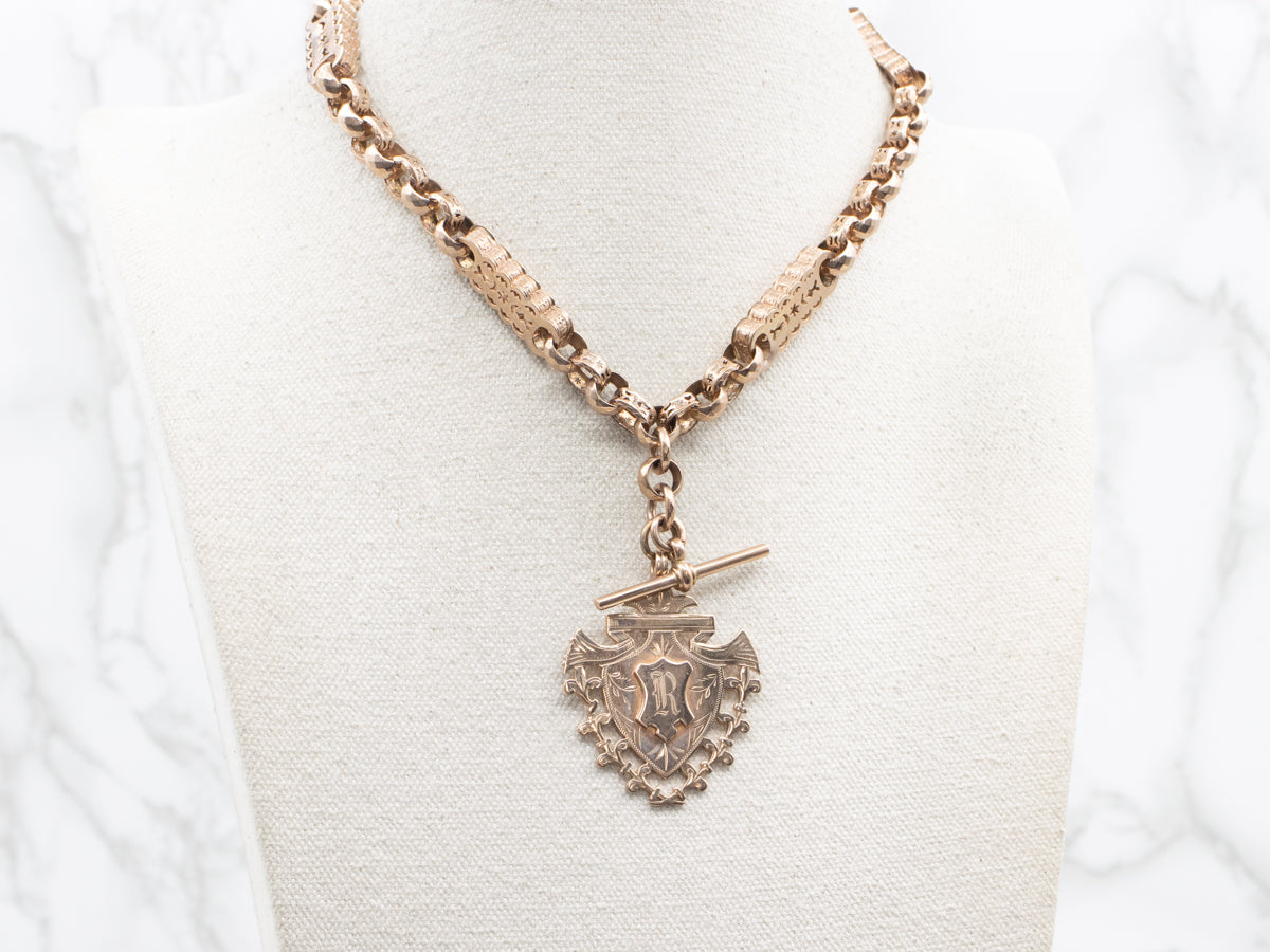 Antique Rose Gold Necklace with "R" Monogram Shield Pendant