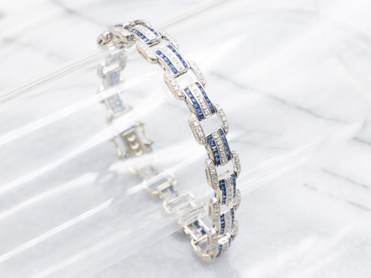 Sleek Gold Sapphire and Diamond Gemstone Link Bracelet