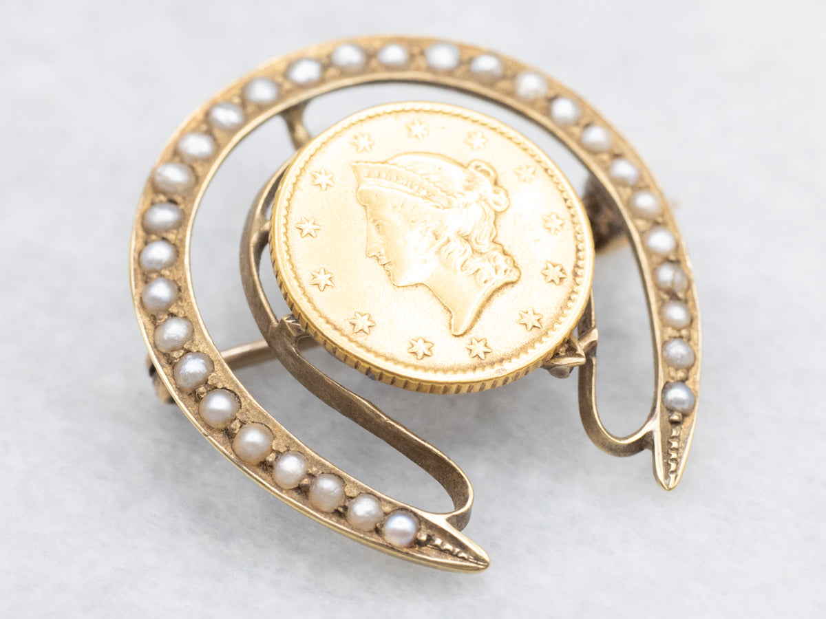 Antique Good Luck Coin Pearl Horseshoe Brooch