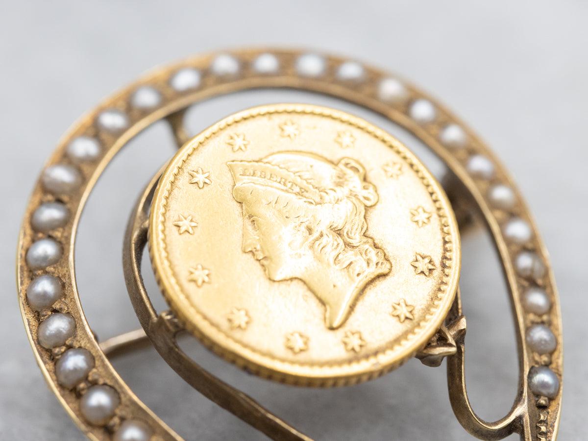 Antique Good Luck Coin Pearl Horseshoe Brooch
