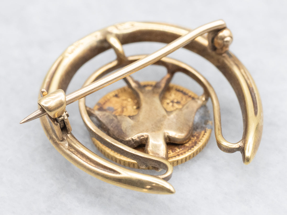 Antique Good Luck Coin Pearl Horseshoe Brooch