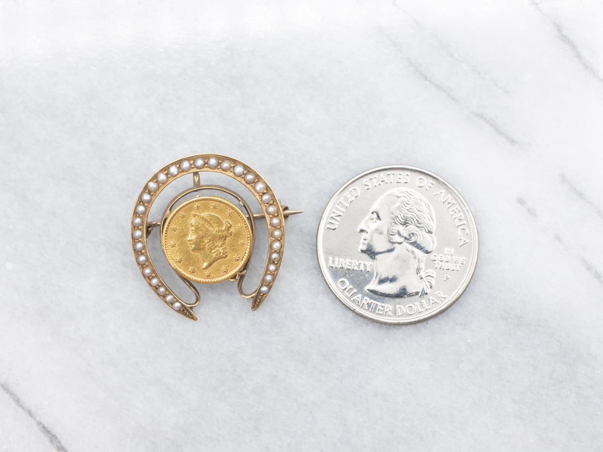 Antique Good Luck Coin Pearl Horseshoe Brooch
