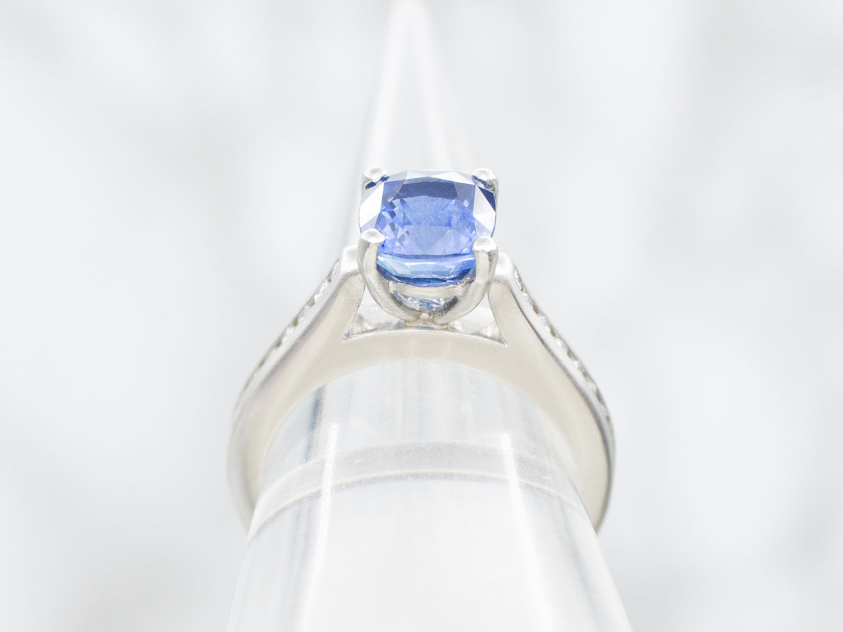 Matte Finished Platinum Sapphire and Diamond Engagement Ring