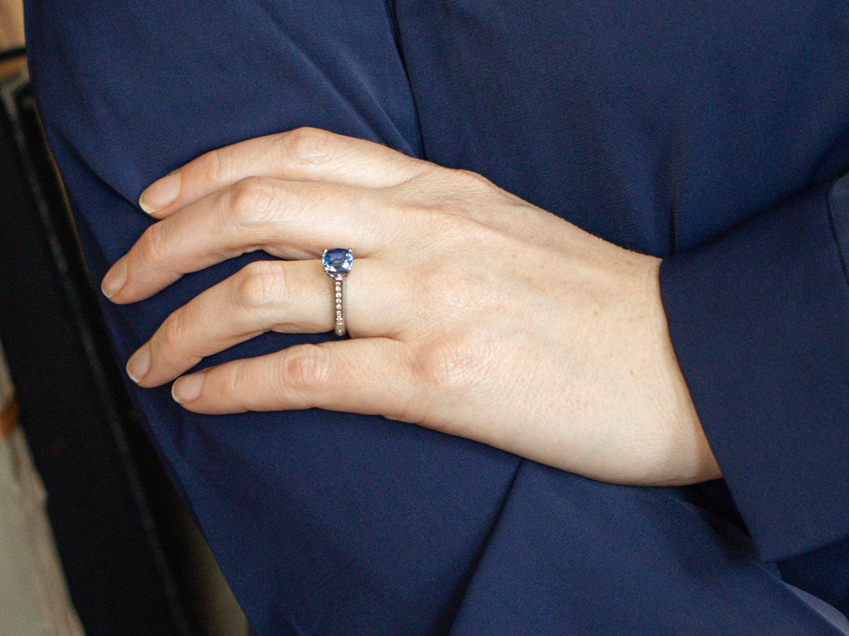 Matte Finished Platinum Sapphire and Diamond Engagement Ring