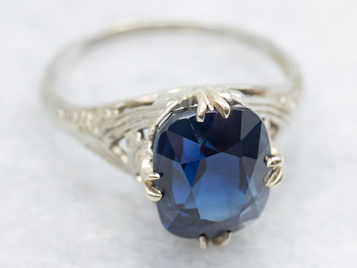 Floral Art Deco Sapphire Solitaire Ring