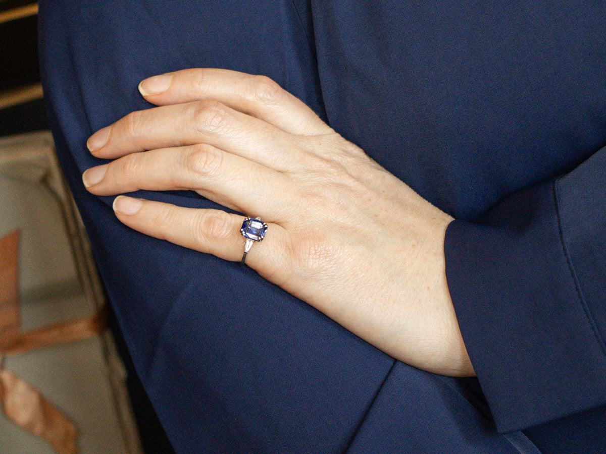 Platinum Retro Era Sapphire and Diamond Engagement Ring