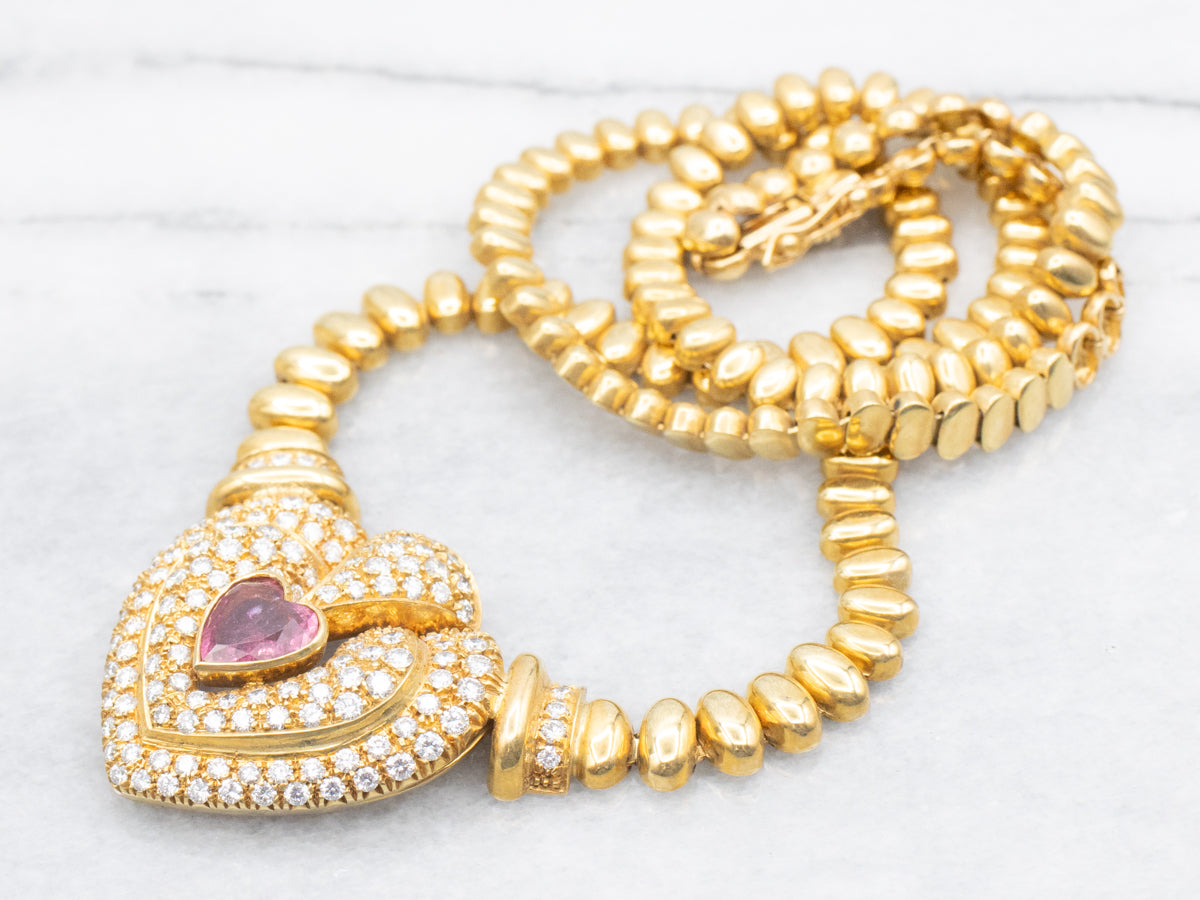 Stunning Pink Tourmaline Diamond and Gold Sweetheart Beaded Necklace