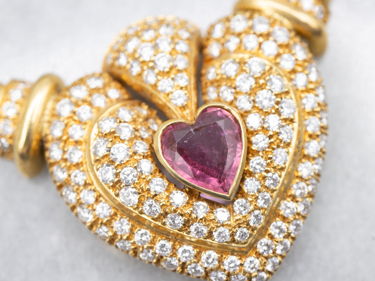 Stunning Pink Tourmaline Diamond and Gold Sweetheart Beaded Necklace