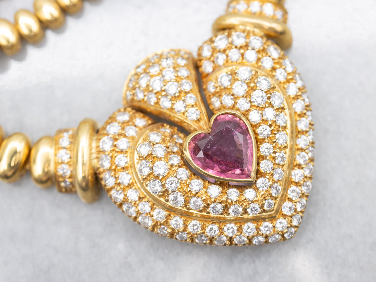 Stunning Pink Tourmaline Diamond and Gold Sweetheart Beaded Necklace