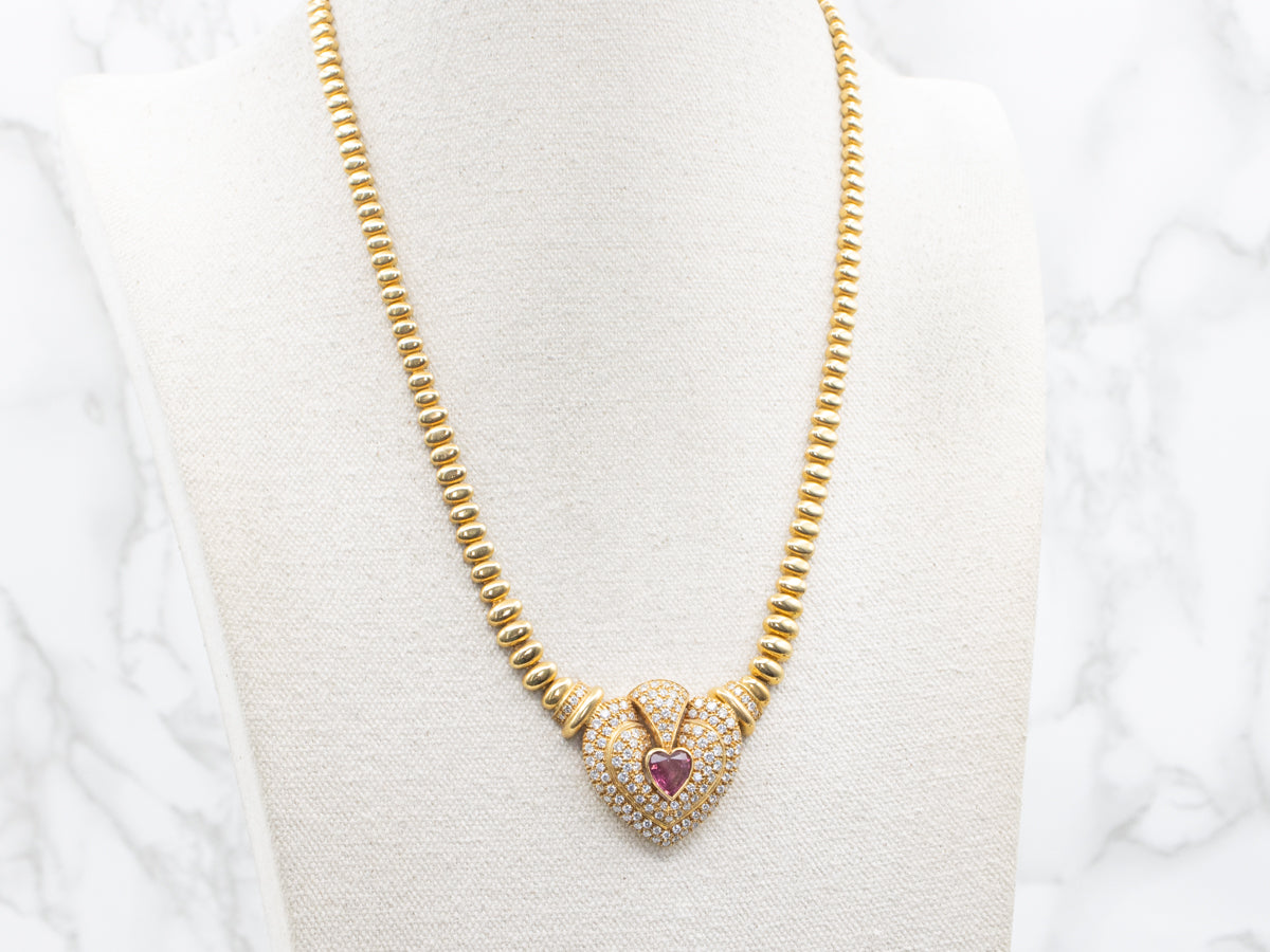 Stunning Pink Tourmaline Diamond and Gold Sweetheart Beaded Necklace