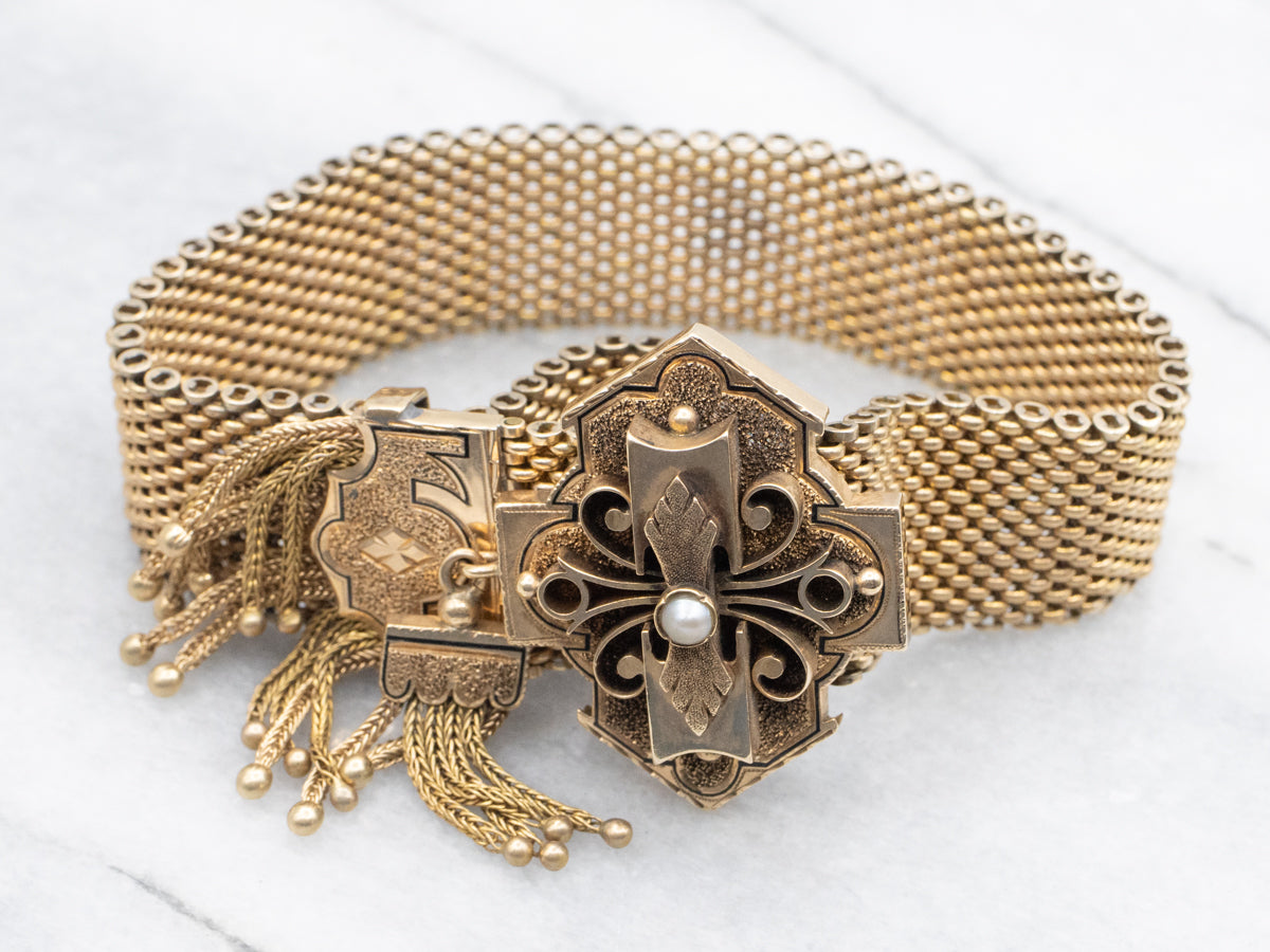 Victorian Seed Pearl Enamel and Gold Tassel Bracelet