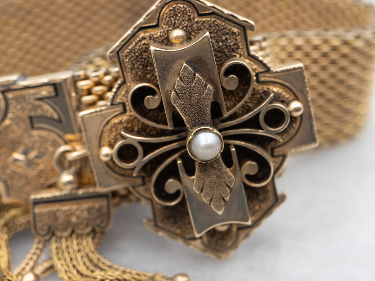 Victorian Seed Pearl Enamel and Gold Tassel Bracelet