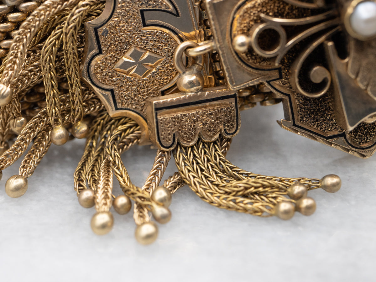 Victorian Seed Pearl Enamel and Gold Tassel Bracelet