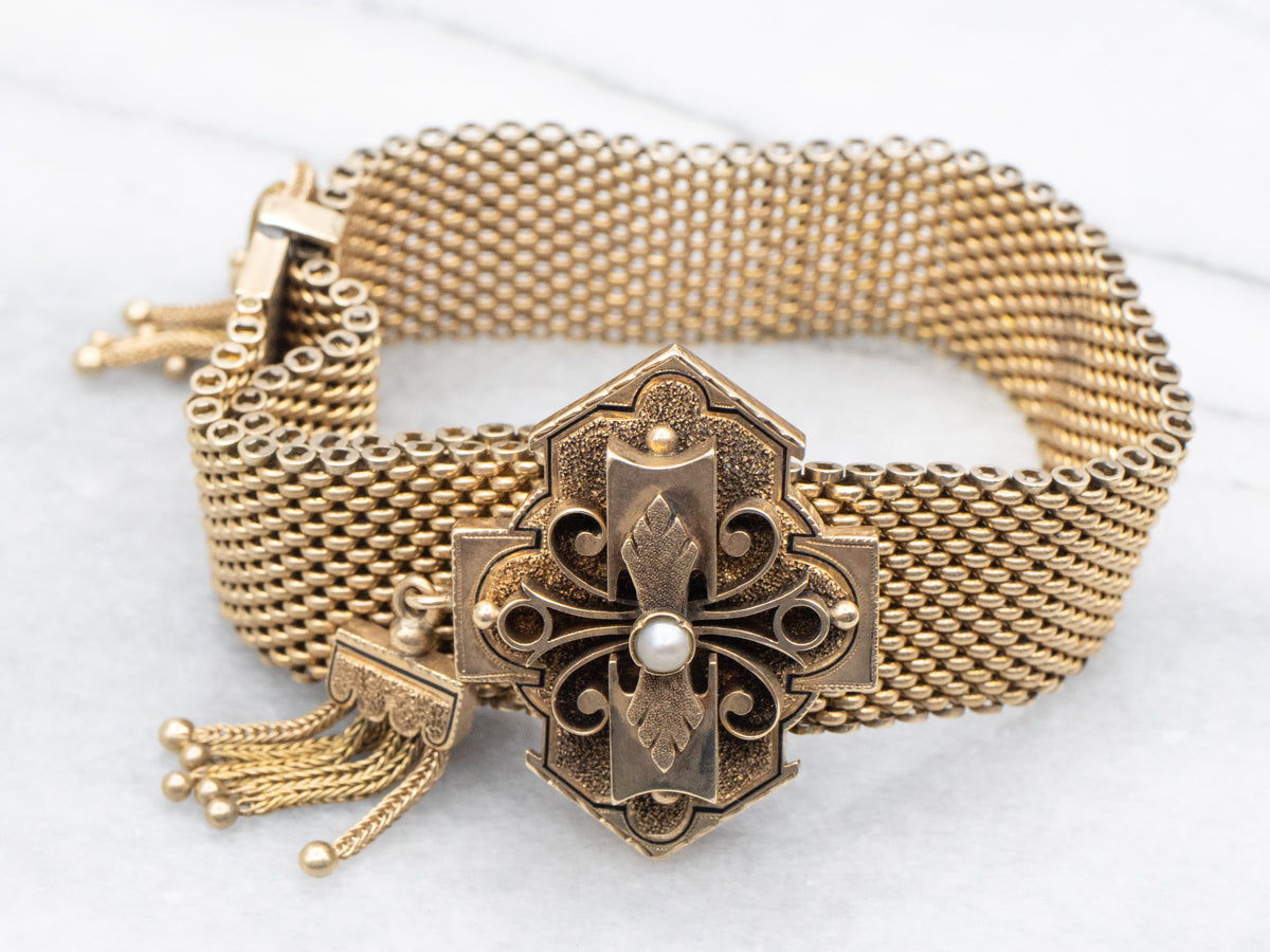 Victorian Seed Pearl Enamel and Gold Tassel Bracelet